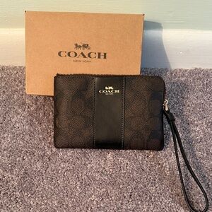 Coach Brown and Black Signature Wristlet with Gold Logo